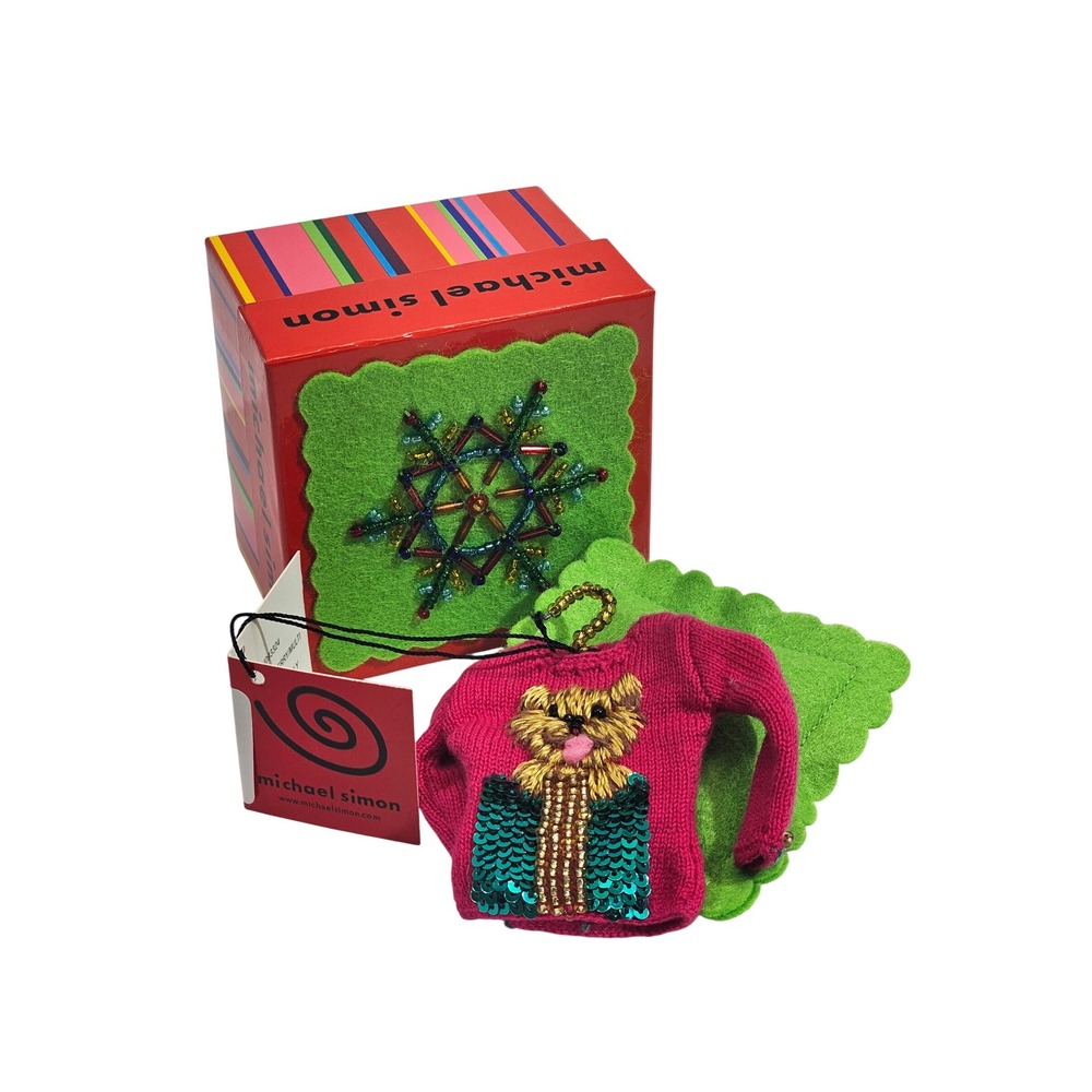 Michael Simon Dog Sweater Christmas Ornament Pink Sequin Beaded Miniature NIB